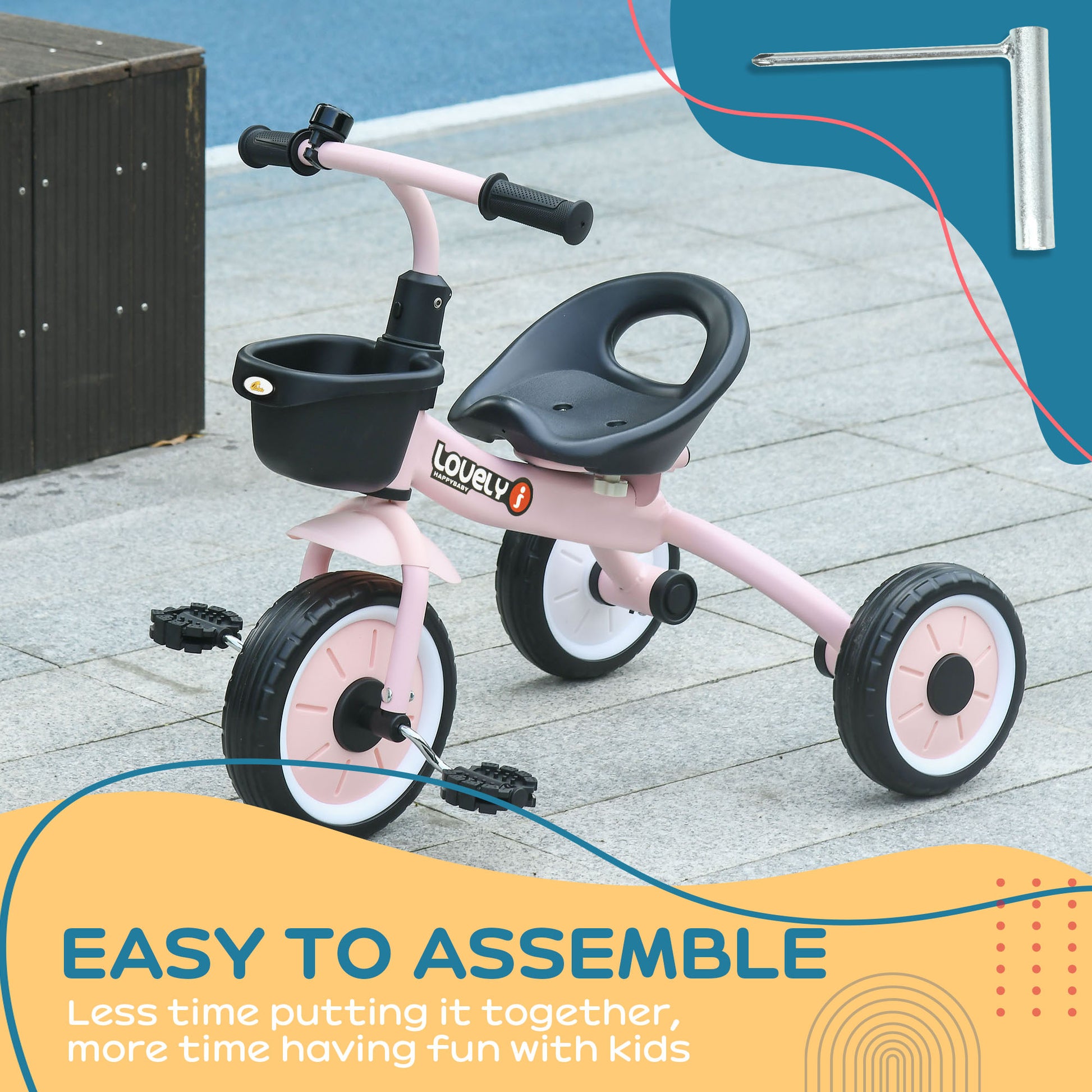 Qaba Tricycle for Toddler 2-5 Year Old Girls and Boys, Toddler Bike with Adjustable Seat, Basket, Bell, Pink