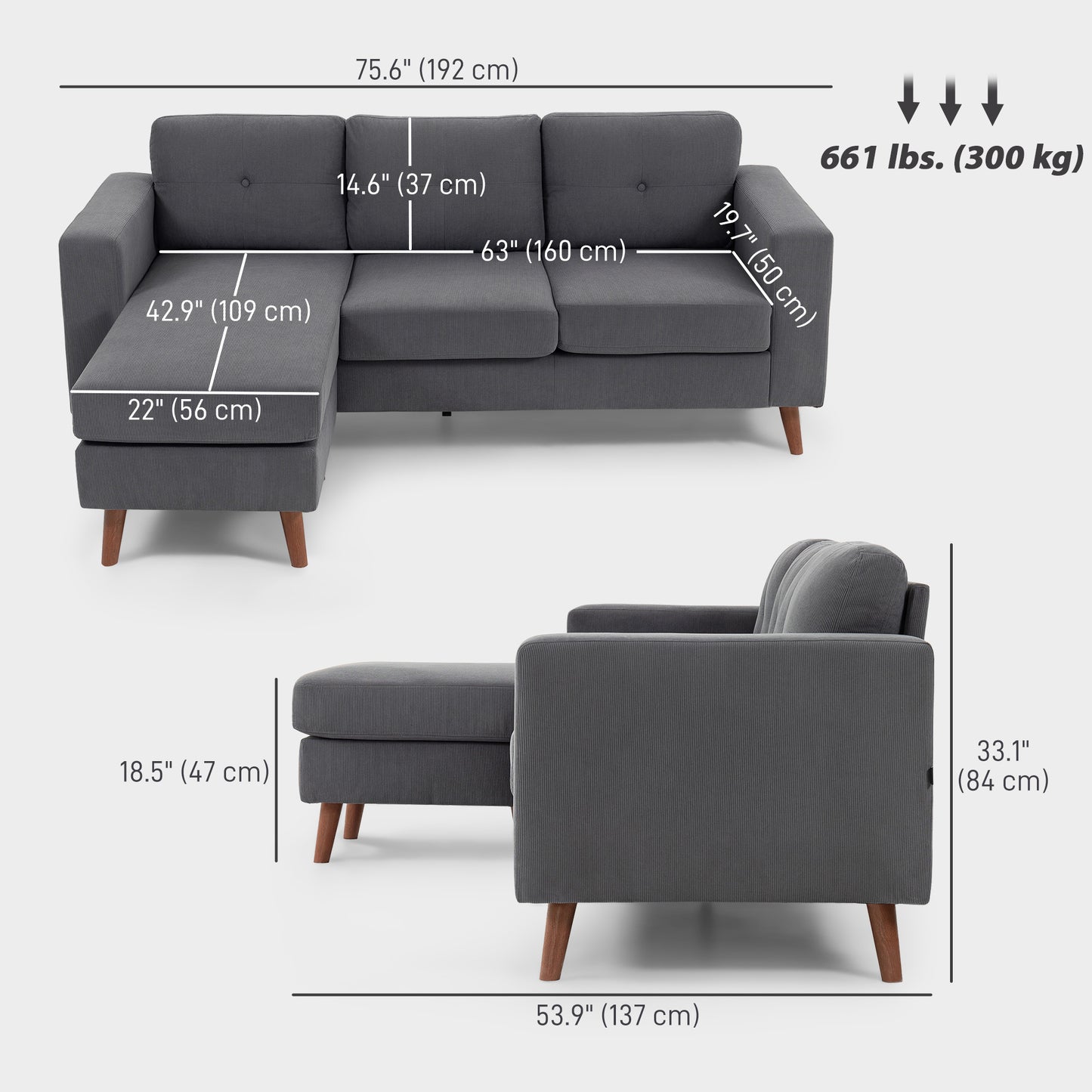 Sectional Sofa with Changeable Chaise Lounge, 3 Seat L-Shaped Small Space Sofa, Upholstered Couch for Small Space, Dark 