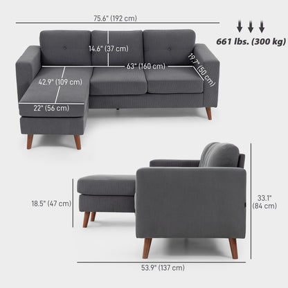 Sectional Sofa with Changeable Chaise Lounge, 3 Seat L-Shaped Small Space Sofa, Upholstered Couch for Small Space, Dark 