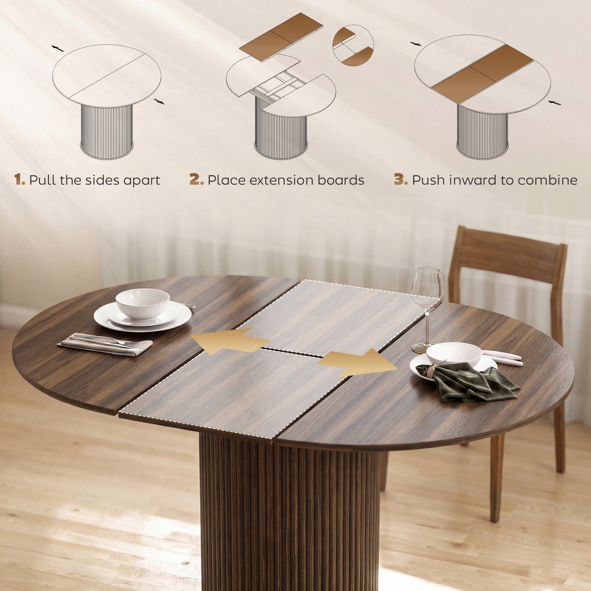 Extendable Kitchen Table for 6-8, 43.5"-59" Farmhouse Dining Table with Pedestal Base Walnut Wood Grain