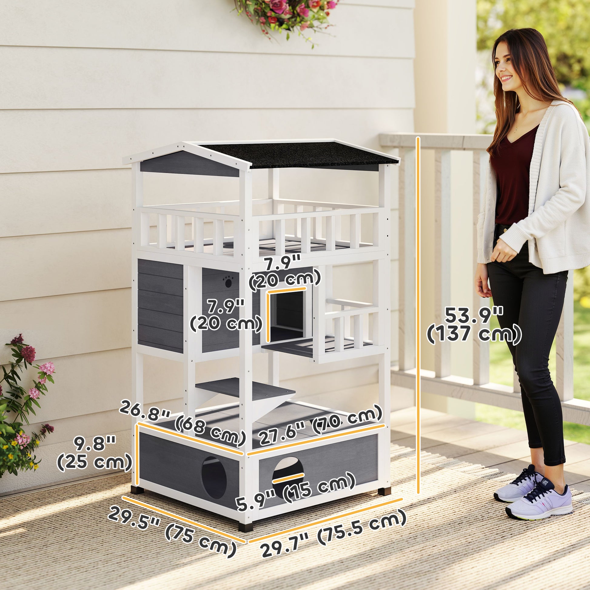 4-Floor Wood Outdoor Cat House Catio for Cats with Condo, Fun Entrances, Perch, Grey