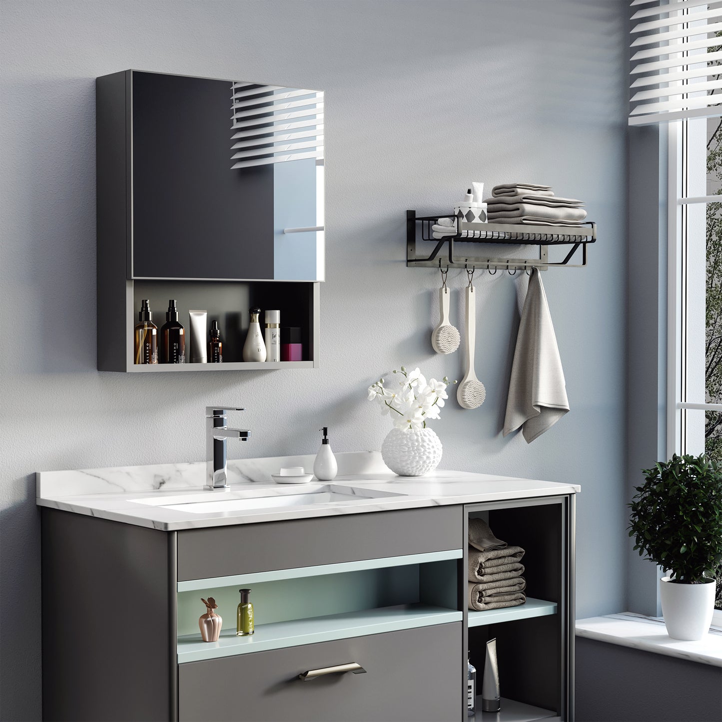 Bathroom Medicine Cabinet, Wall-Mounted Mirror Cabinet with Single Door, Storage Shelves and Stainless Steel Frame for L