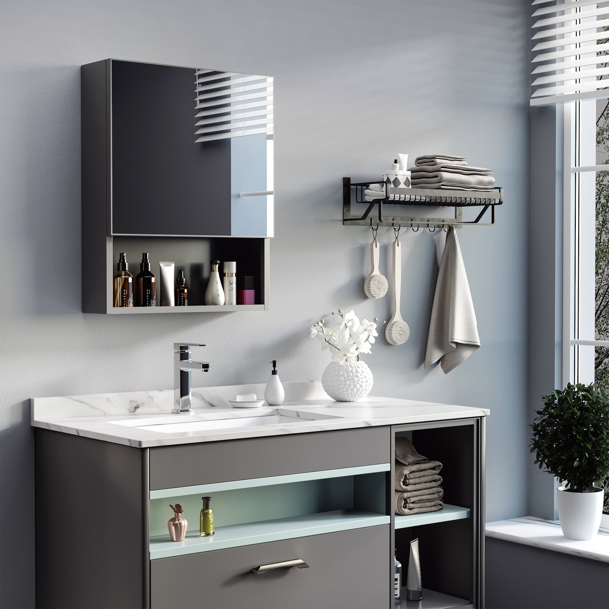 Bathroom Medicine Cabinet, Wall-Mounted Mirror Cabinet with Single Door, Storage Shelves and Stainless Steel Frame for L