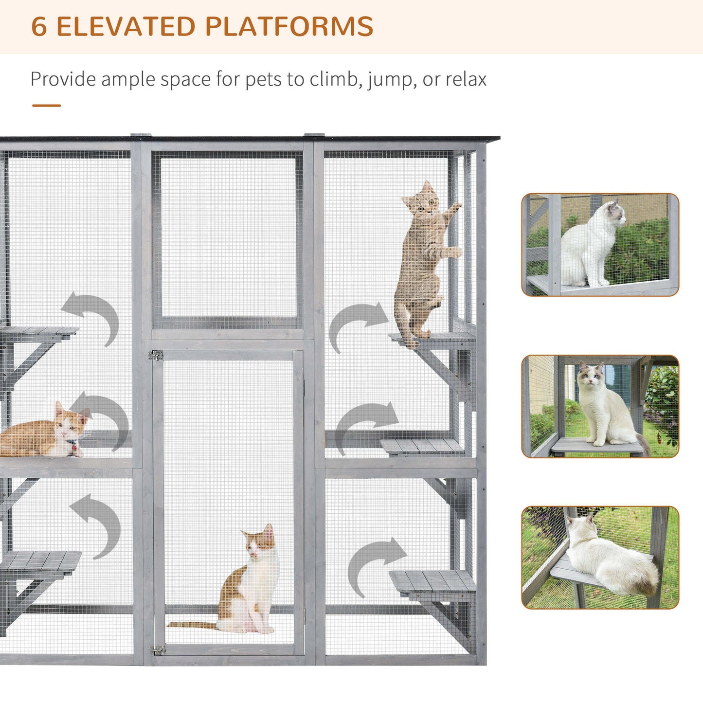 Large Outdoor Catio Enclosure, Weatherproof Cat House with Asphalt Roof,  Wooden Cat Patio Cage with 6 Balanced Platform