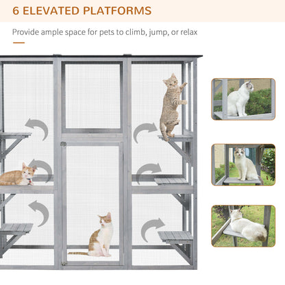 Large Outdoor Catio Enclosure, Weatherproof Cat House with Asphalt Roof,  Wooden Cat Patio Cage with 6 Balanced Platform