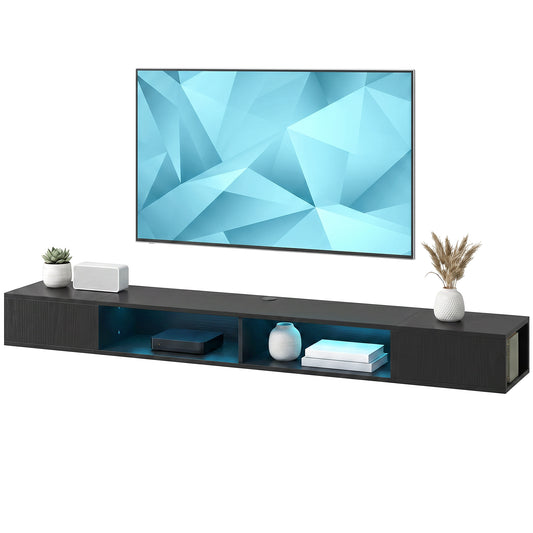 TV Stand with RGB LED Lights, Entertainment Center with Open Shelves for 75 Inch TV, Black Wood Grain