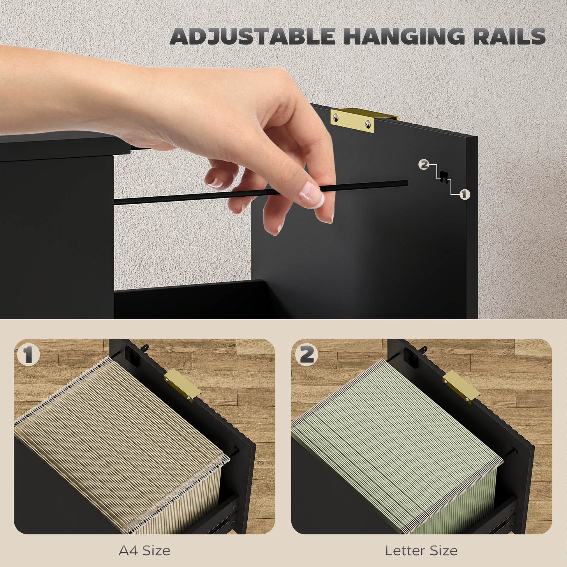 Lockable Filing Cabinet with 4 Fluted Drawers, File Cabinet with Adjustable Hanging Rails for A4 Letter Files, Black
