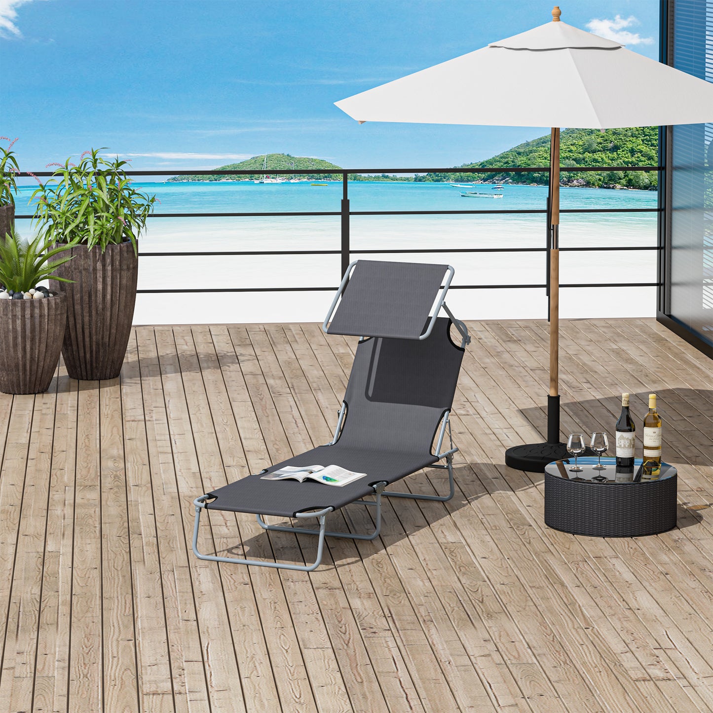 Outdoor Lounge Chair, Adjustable Folding Chaise Lounge,  Tanning Chair with Sun Shade for Beach, Camping, Hiking, Backya