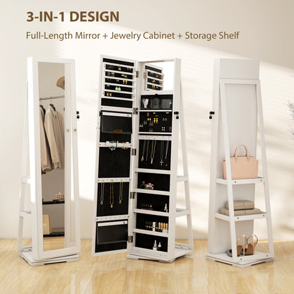 360° Swivel Jewelry Armoire, Lockable Mirror Jewelry Cabinet with Built-In Small Mirror, White