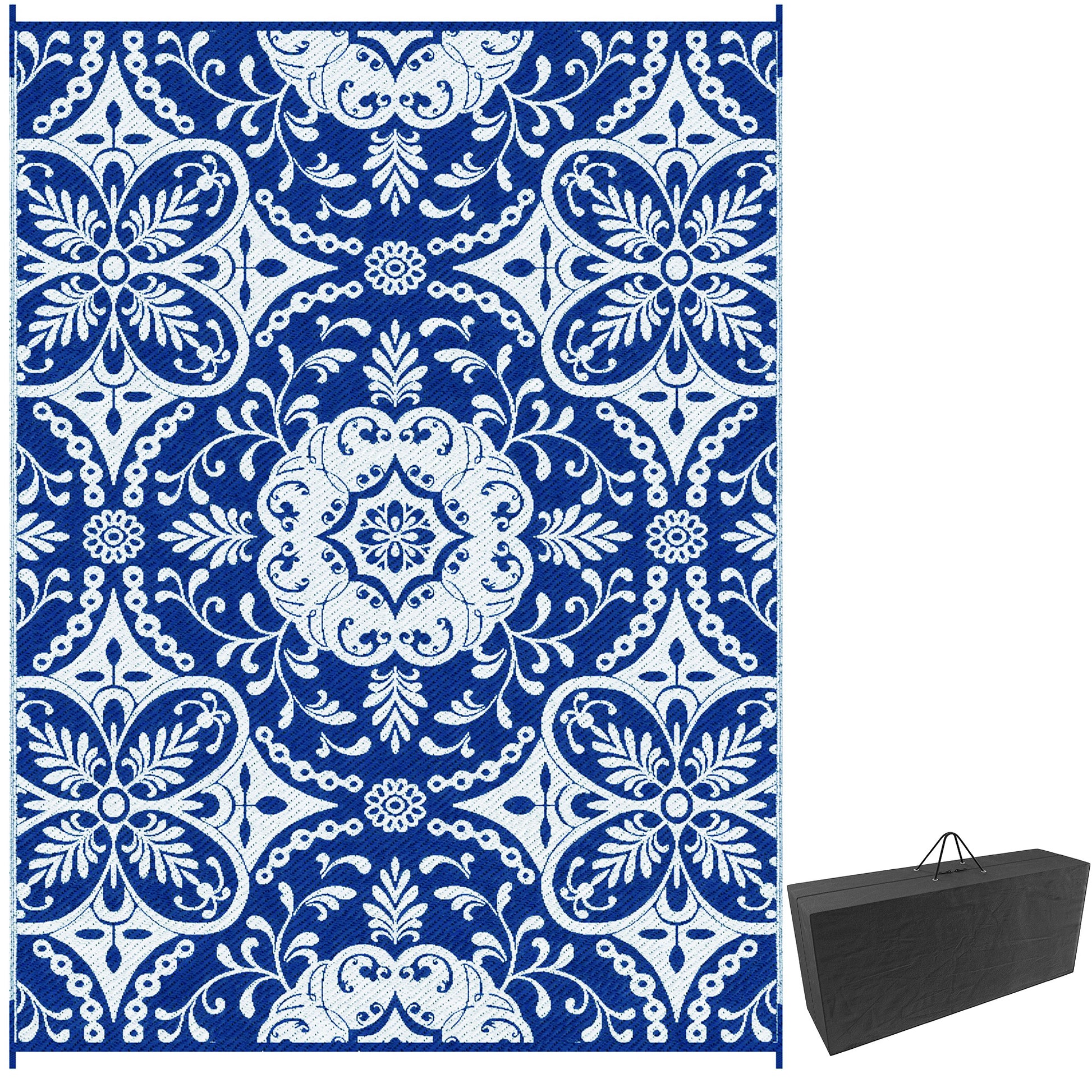 Portable Outdoor Rug with Carry Bag, 9' x 12' Reversible Mat, Waterproof Plastic Straw RV Rug for Backyard, Deck, Picnic