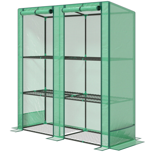 Lean-to Greenhouse with 3 Tier Shelves, Mini Greenhouse with 2 Roll-Up Doors for Indoor Outdoor, Green