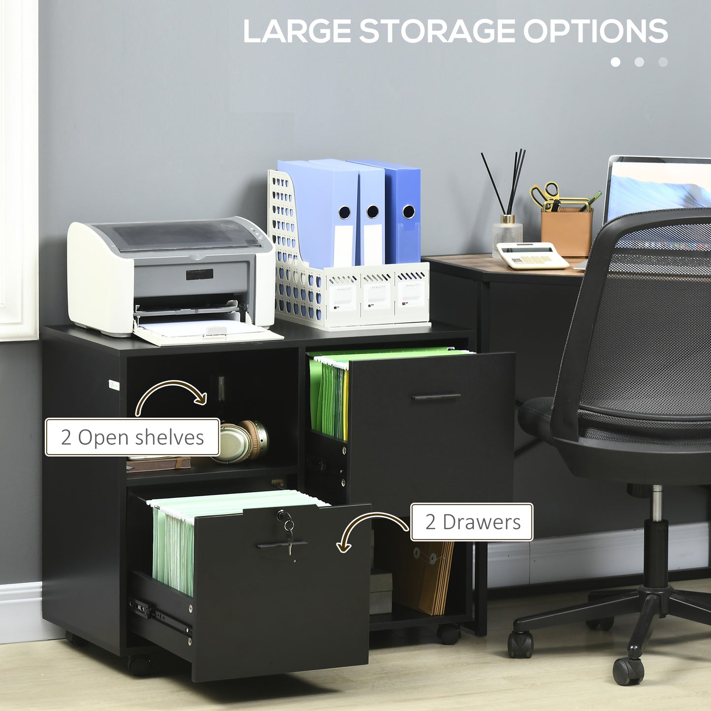 Mobile Printer Stand, Lateral File Cabinet with Lock, Filing Cabinet with Hanging Bars for Letter, A4 Size, Black