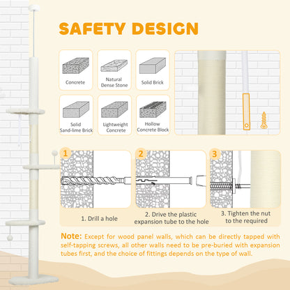 88.5"-100.5" Floor to Ceiling Cat Tree, Cat Tower with Scratching Posts, Cloud Shaped Platforms, Dangling Balls, Cream