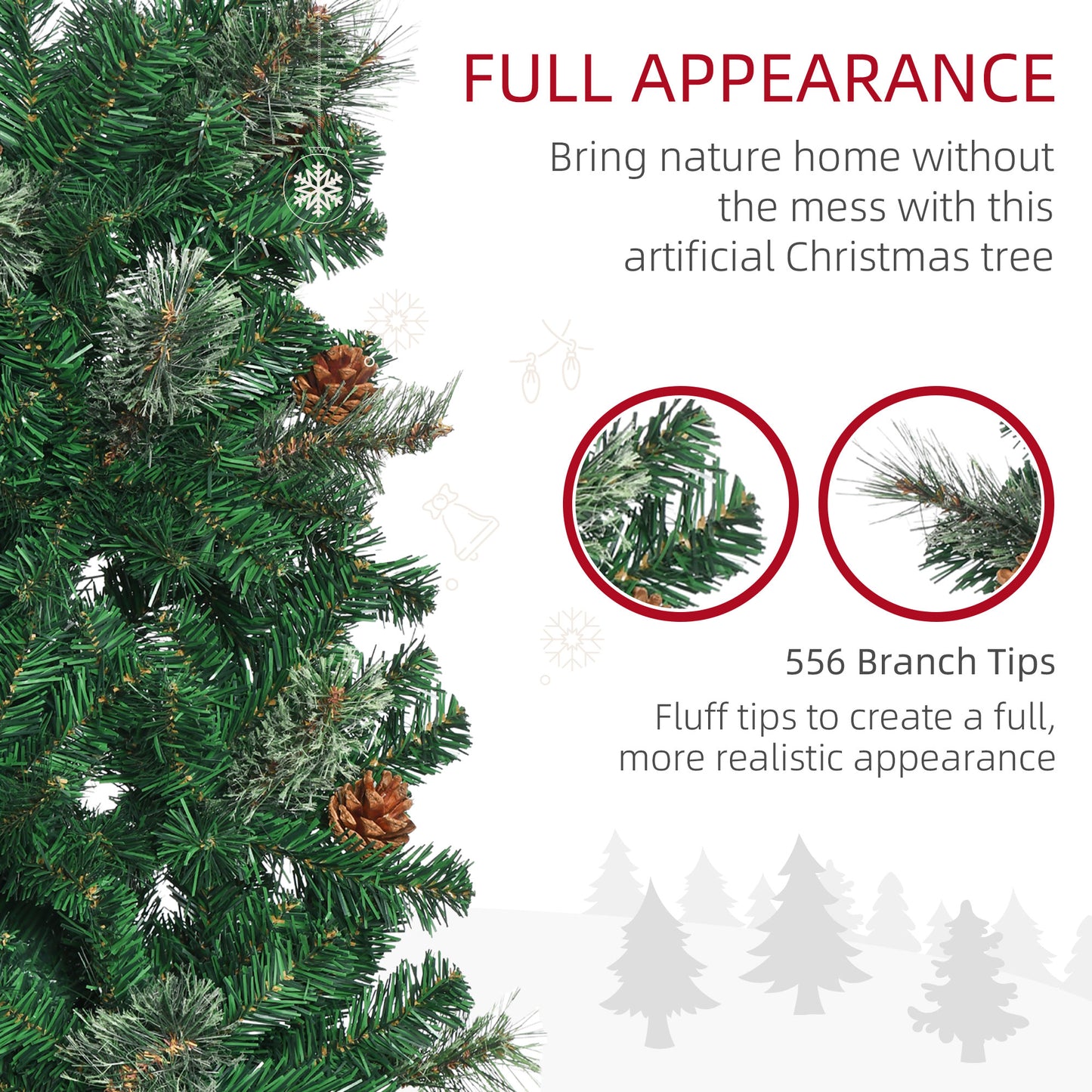 6.5ft Pencil Christmas Tree, Artificial Christmas with Pine Needles, Realistic Branches, Pine Cones, Metal Base, Green