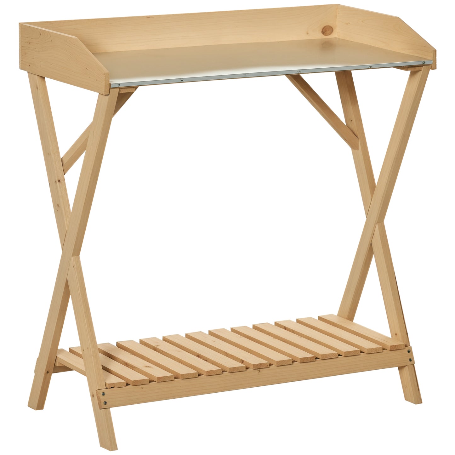 Garden Potting Bench Table, Wooden Work Station, Outdoor Planting Workbench w/ Galvanized Metal Tabletop and Storage She