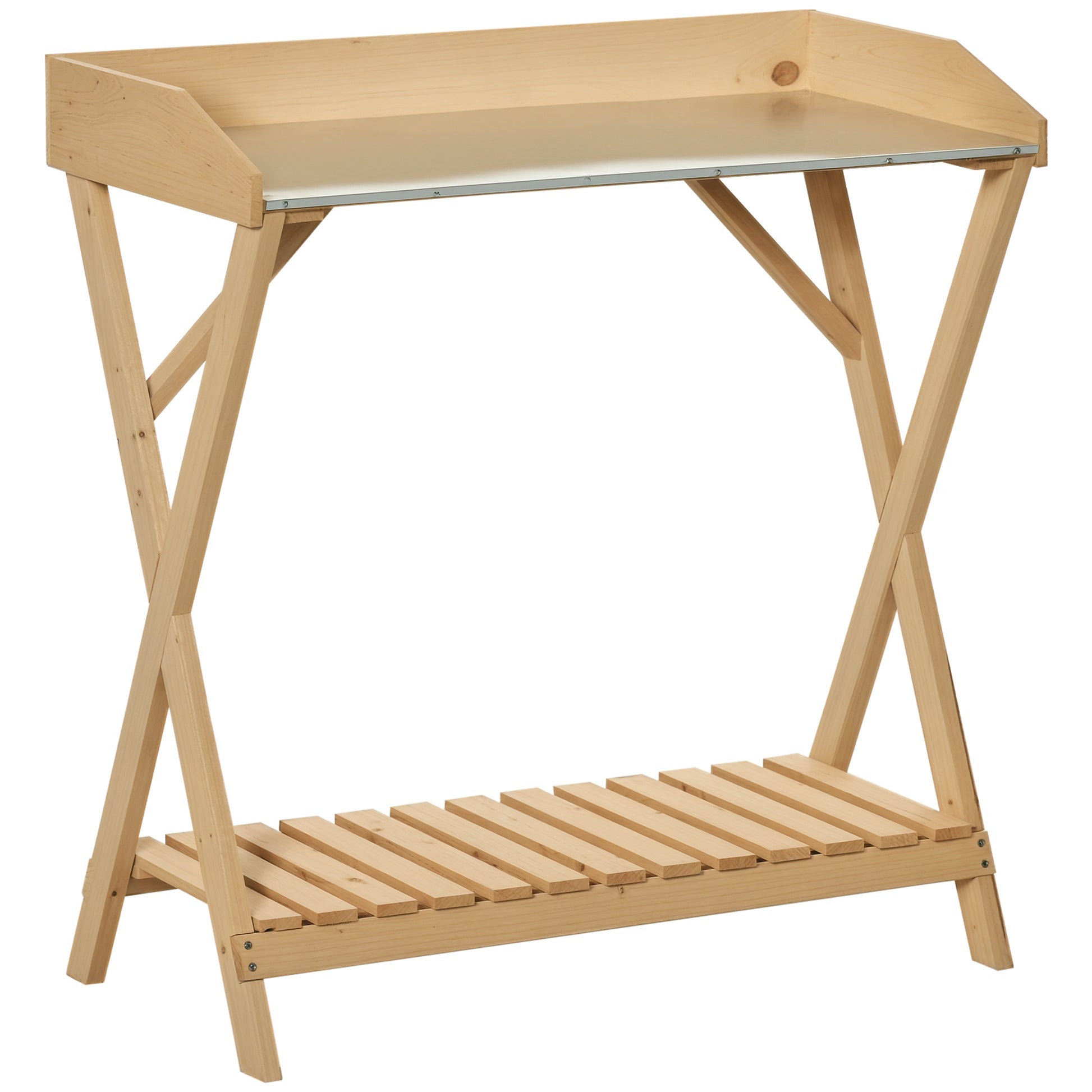 Garden Potting Bench Table, Wooden Work Station, Outdoor Planting Workbench w/ Galvanized Metal Tabletop and Storage She
