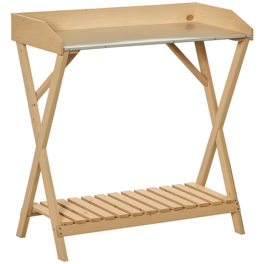 Garden Potting Bench Table, Wooden Work Station, Outdoor Planting Workbench w/ Galvanized Metal Tabletop and Storage She