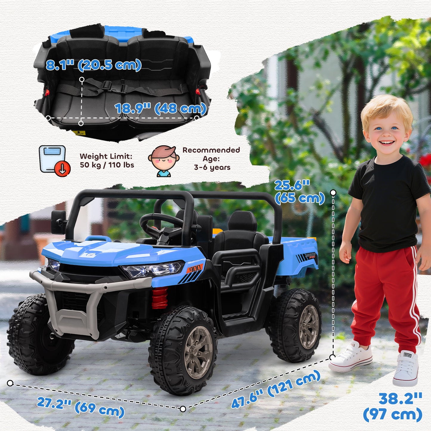 VarietyKart 12V Ride on Car with Electric Bucket, Two-Seater, Shovel, Remote Control, Spring Suspension, Horn, Music, Bl