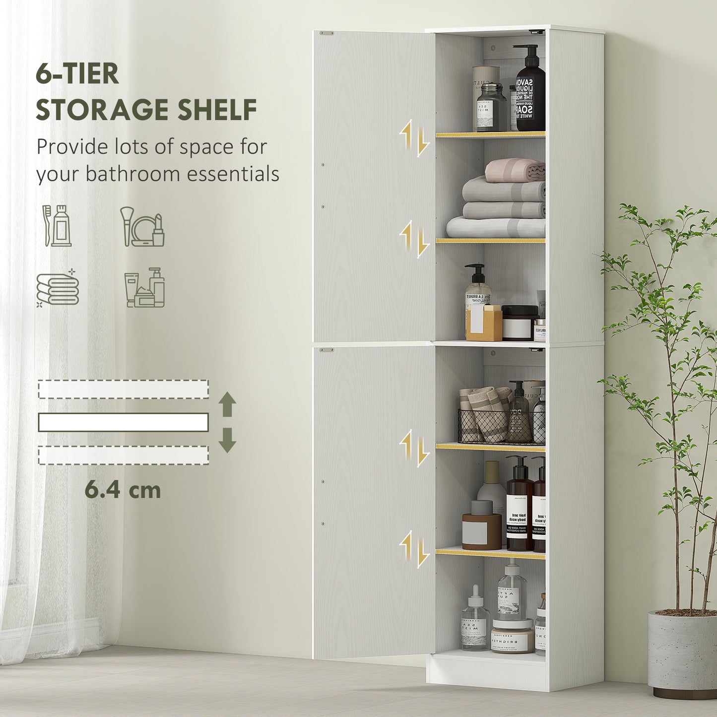 Tall Bathroom Cabinet, Slim 6-Tier Bathroom Floor Cabinet with 2 Doors and 4 Adjustable Shelves, White
