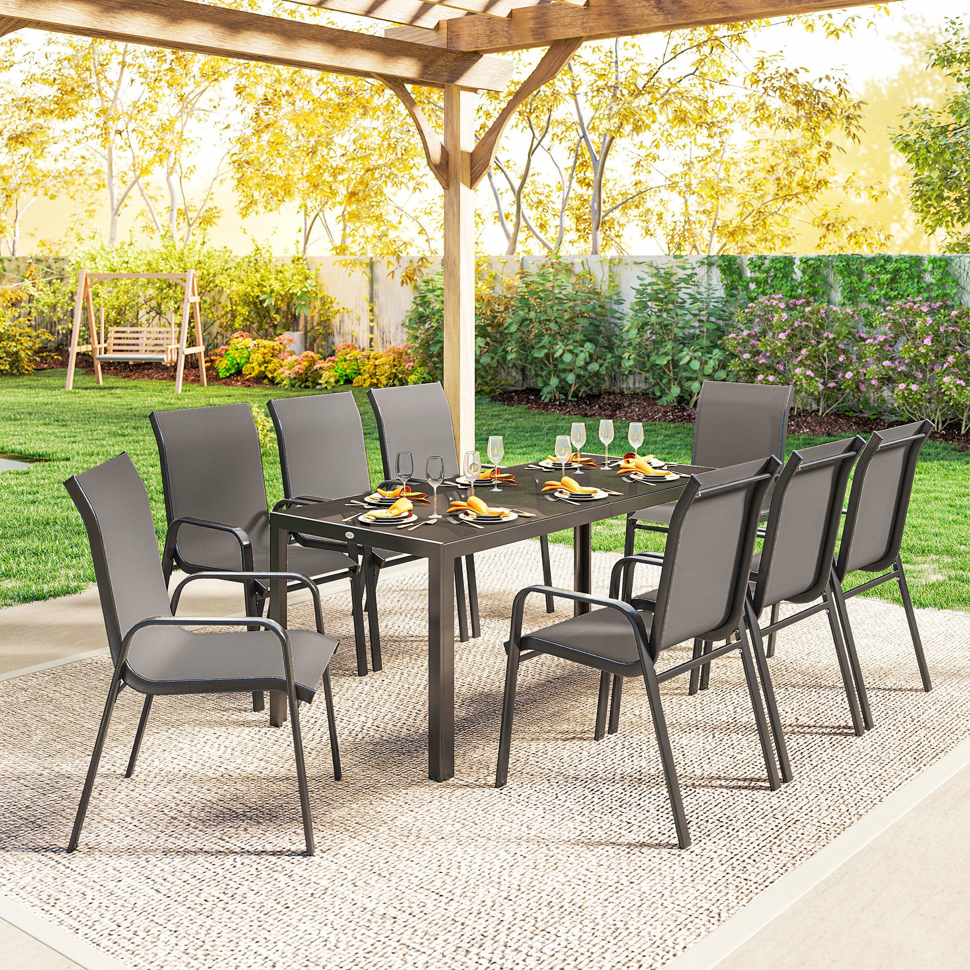 Outdoor Dining Sets for 8 with Stackable Chairs, Patio Dining Set with Glass Top Table for Garden, Patio, Backyard, Dark