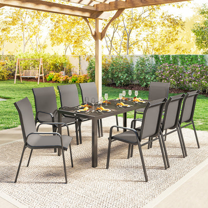 Outdoor Dining Sets for 8 with Stackable Chairs, Patio Dining Set with Glass Top Table for Garden, Patio, Backyard, Dark