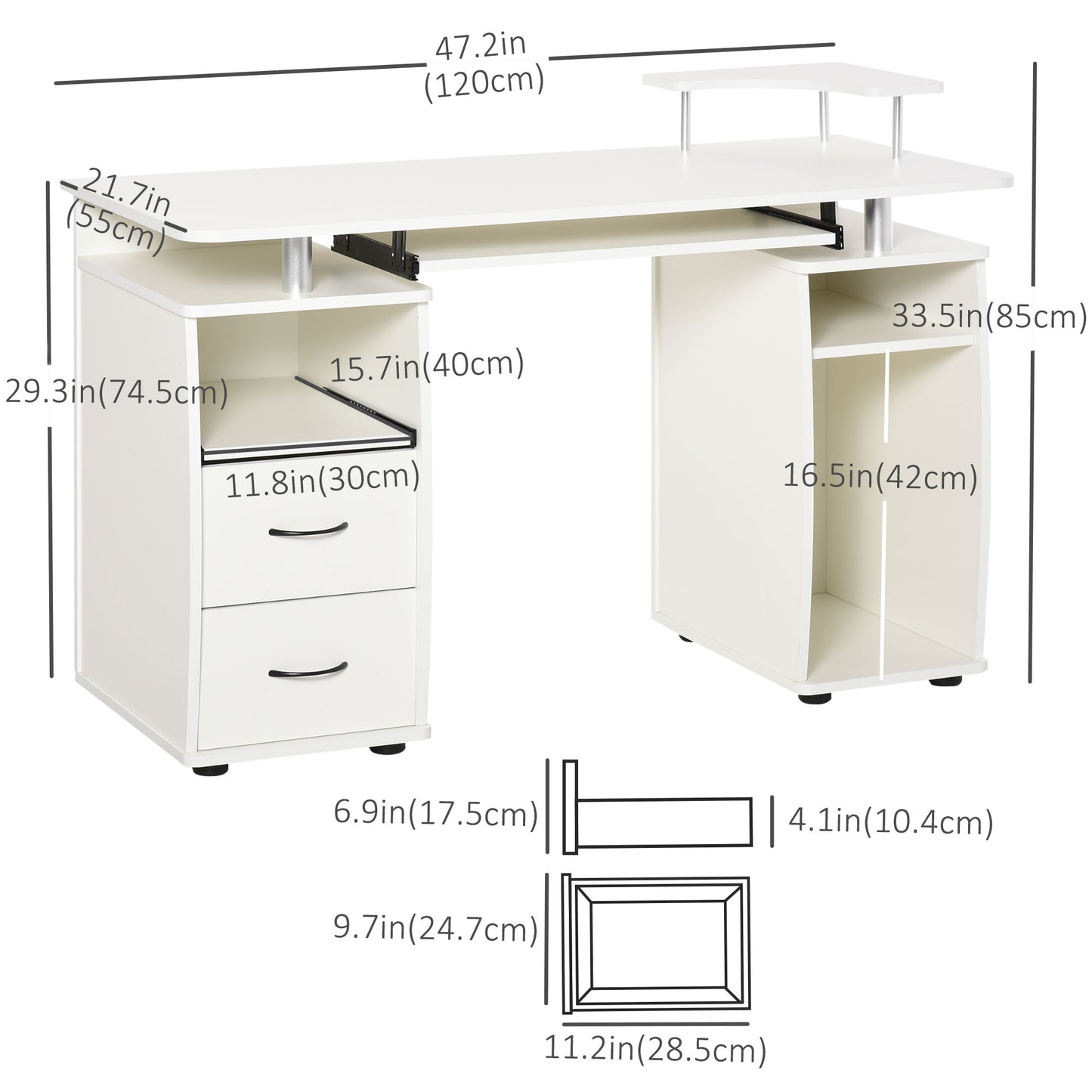 Computer Desk with Keyboard Tray, Home Office Desk with Drawers, CPU Stand, Printer Stand and Open Shelves, Writing Work