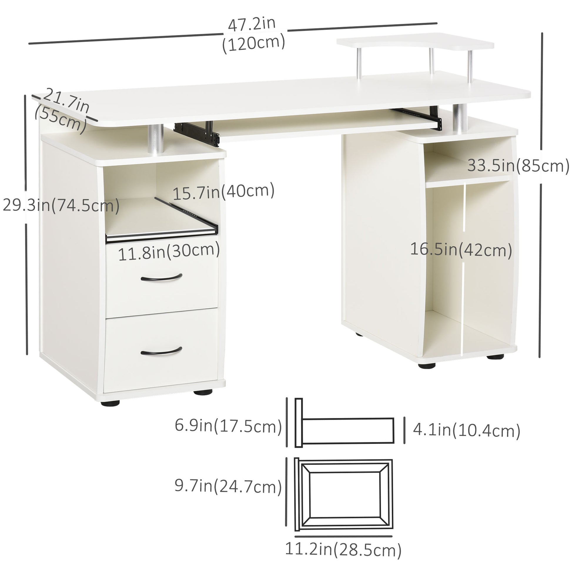 Computer Desk with Keyboard Tray, Home Office Desk with Drawers, CPU Stand, Printer Stand and Open Shelves, Writing Work