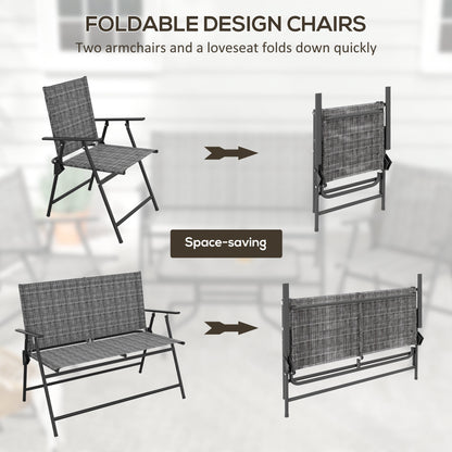 Outdoor 4 Pieces Patio Furniture Set, Garden Set with Two Foldable Armchairs, a Loveseat & Glass Top Table, Mixed Grey