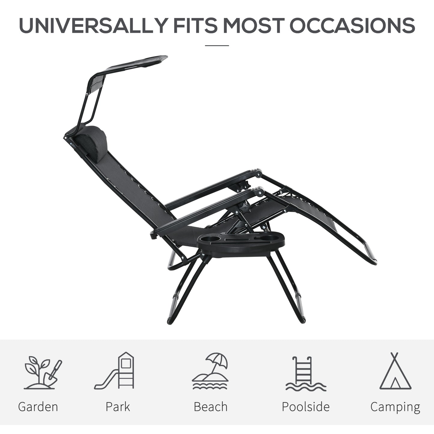 2 Piece Foldable Lounge Chair with Canopy Shade, Outdoor Zero Gravity Chair w/ Side Tray & Cup Holder, Reclining Lounger