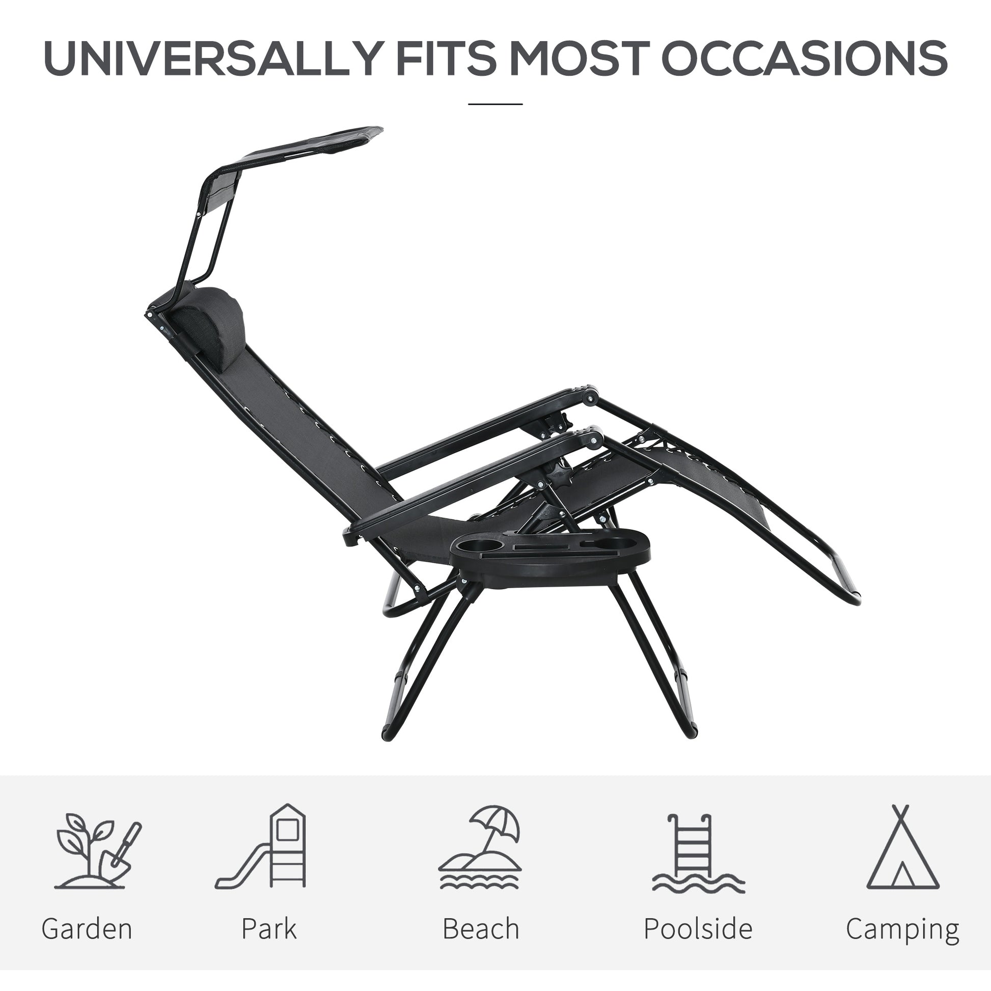 2 Piece Foldable Lounge Chair with Canopy Shade, Outdoor Zero Gravity Chair w/ Side Tray & Cup Holder, Reclining Lounger