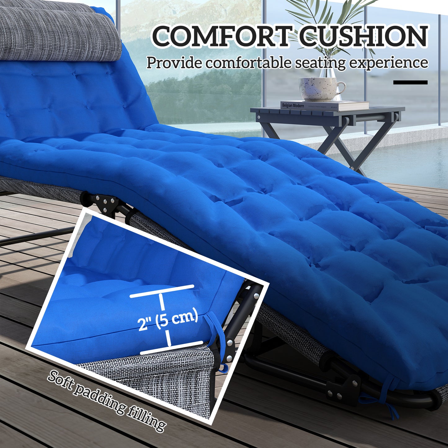 2 Pieces Folding Lounge Chairs with 4-level Reclining Back, Outdoor Tanning Chair with Cushion, Sun Lounger with Breatha