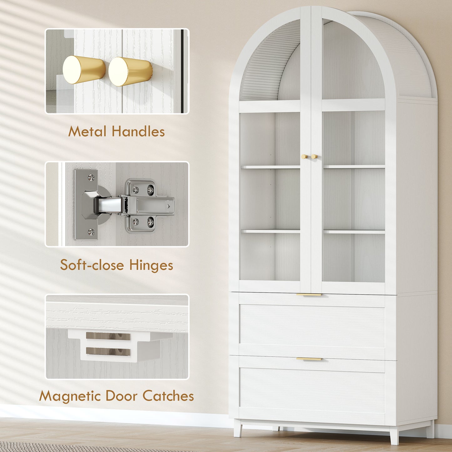 Arched Kitchen Pantry Cabinet, 71" Tall Farmhouse Kitchen Storage Cabinet with 2 Drawers, Acrylic Glass Doors, White