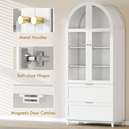 Arched Kitchen Pantry Cabinet, 71" Tall Farmhouse Kitchen Storage Cabinet with 2 Drawers, Acrylic Glass Doors, White