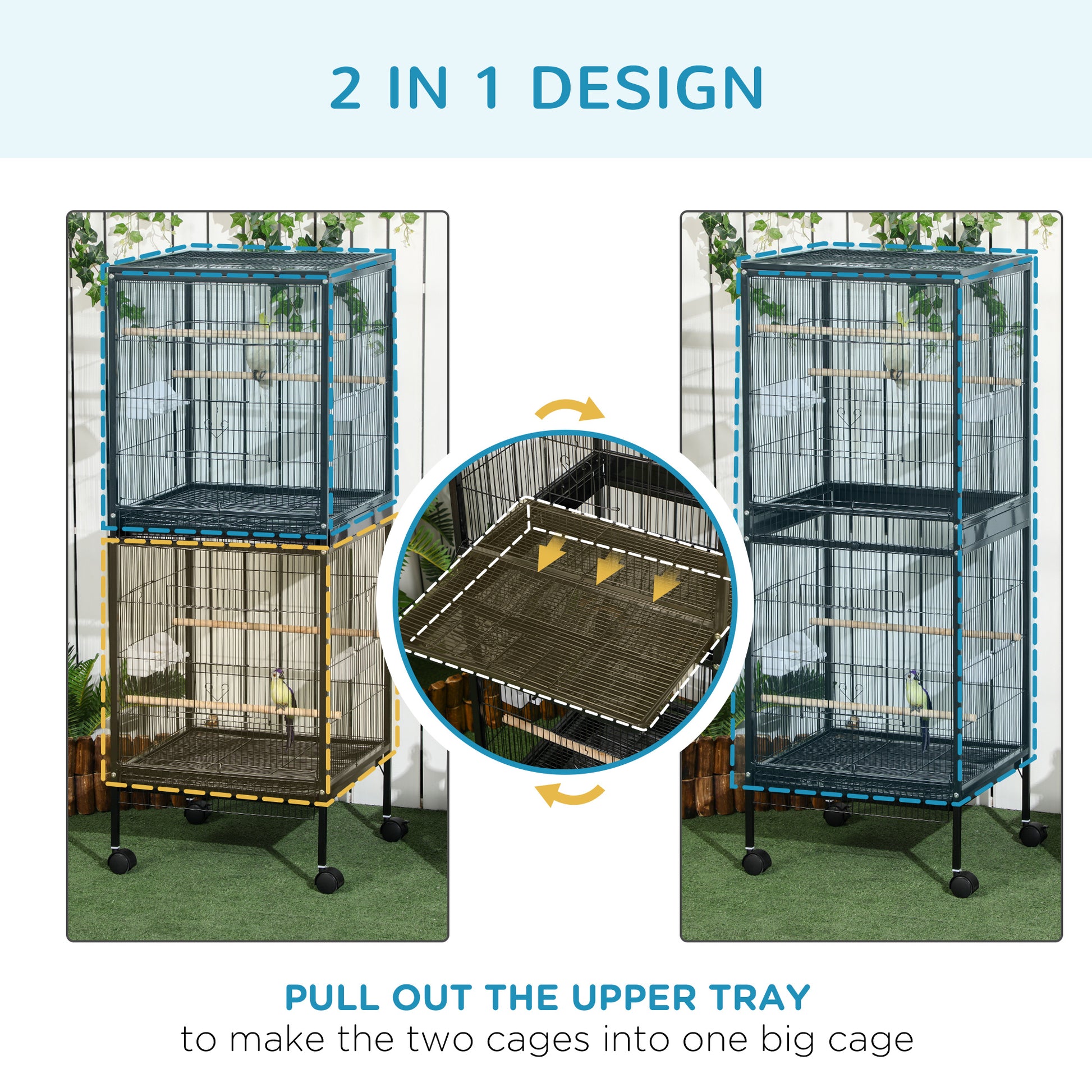 55.1" 2 In 1 Bird Cage Aviary Parakeet House for finches, budgies with Wheels, Slide-out Trays, Wood Perch, Food Contain