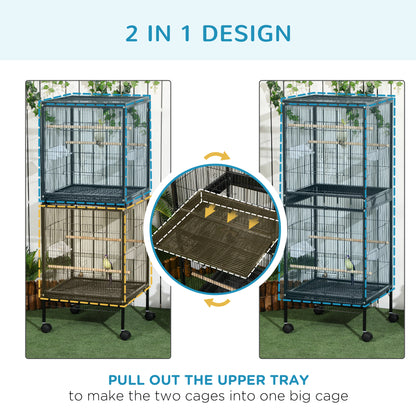 55.1" 2 In 1 Bird Cage Aviary Parakeet House for finches, budgies with Wheels, Slide-out Trays, Wood Perch, Food Contain