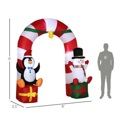 9ft Christmas Inflatable Candy Cane Archway with Penguin Snowman Sit on Gift Box, Blow-Up Outdoor LED Yard Display for L