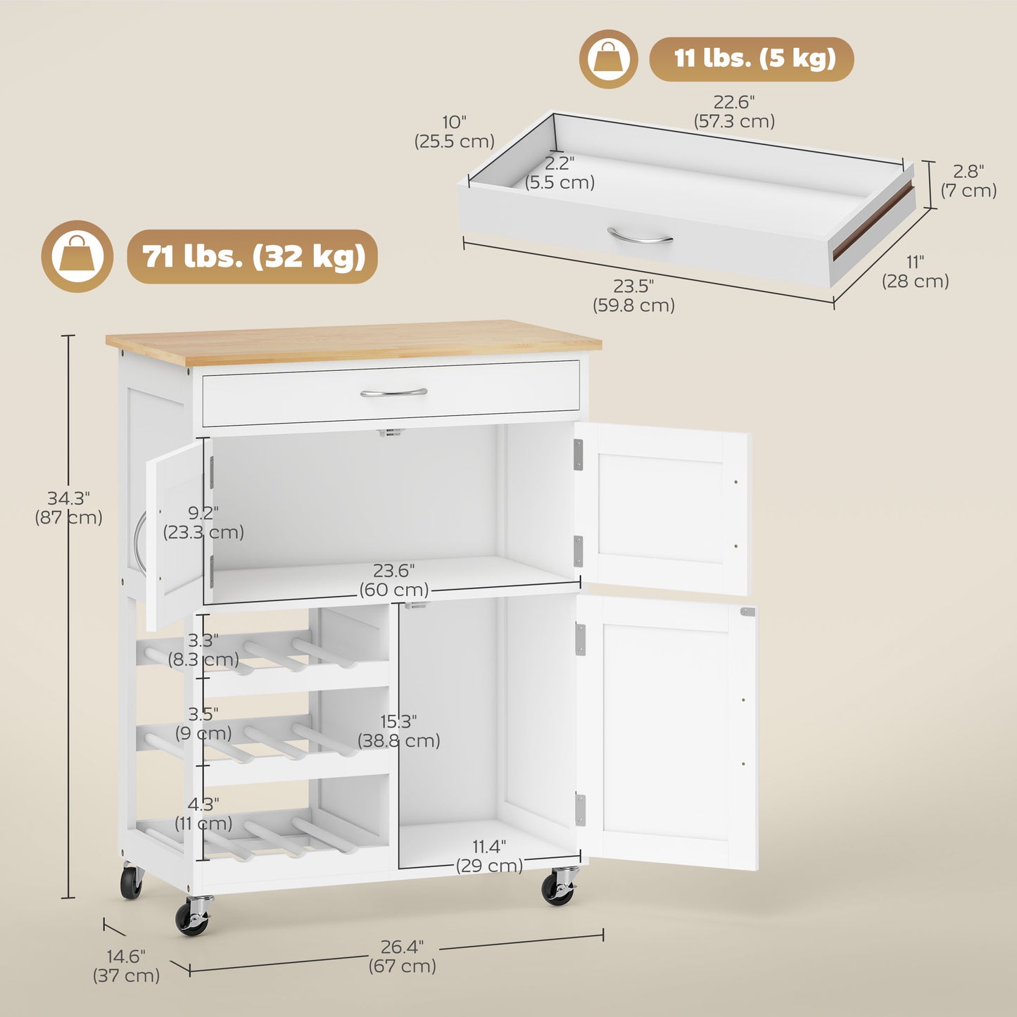 Rolling Kitchen Cart, Kitchen Island with Storage Drawer, 9-bottle Wine Rack, Door Cabinets, Wooden Countertop, White