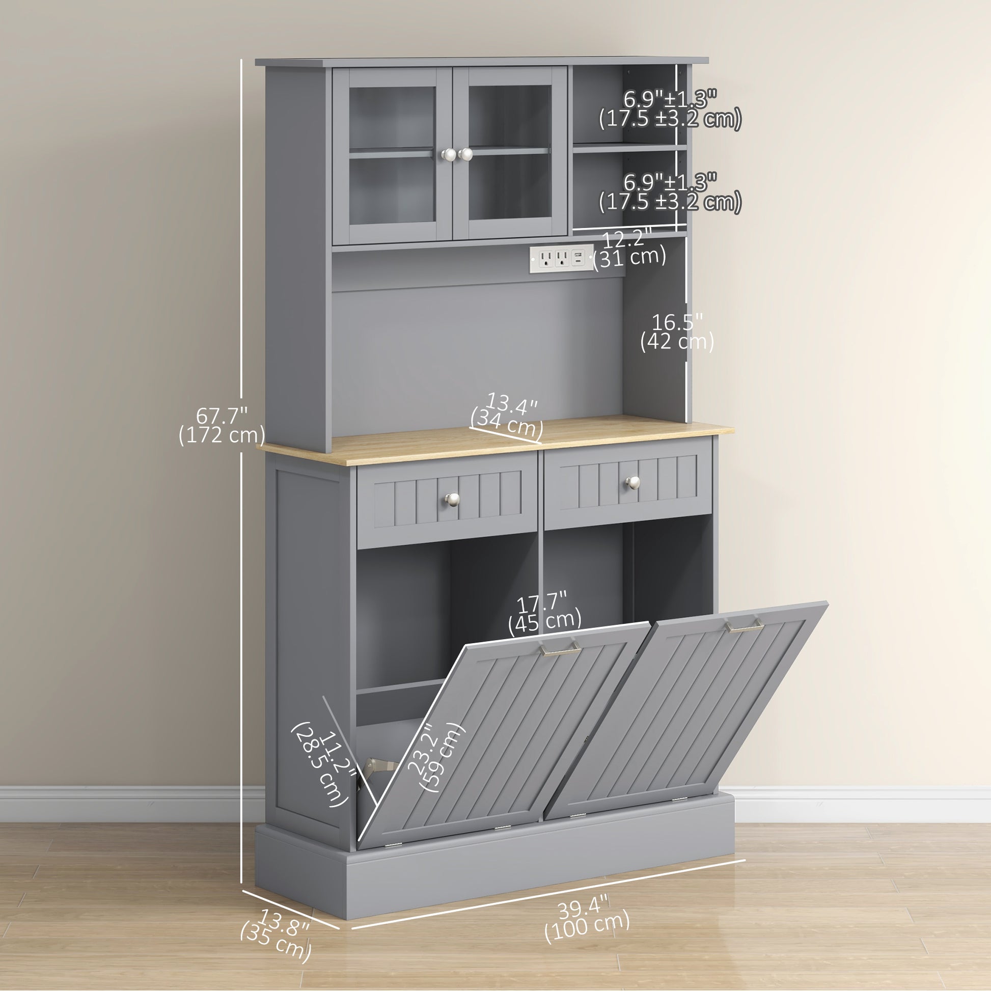 Kitchen Cabinet with Charging Station, 2 Tilt Out Cabinets, Microwave Stand, Freestanding Kitchen Pantry Cabinet, Grey