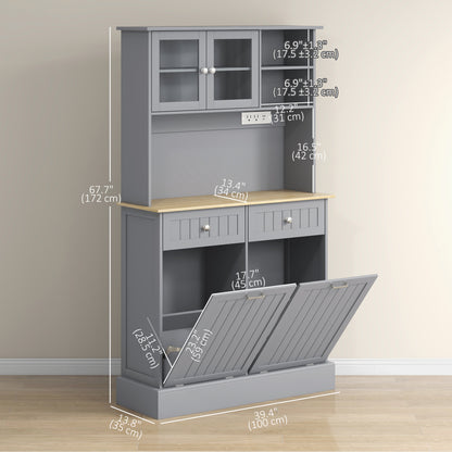 Kitchen Cabinet with Charging Station, 2 Tilt Out Cabinets, Microwave Stand, Freestanding Kitchen Pantry Cabinet, Grey