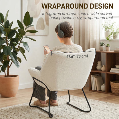 Accent Chair, Sherpa Fleece Armchair with Wide Backrest and Metal Legs, White