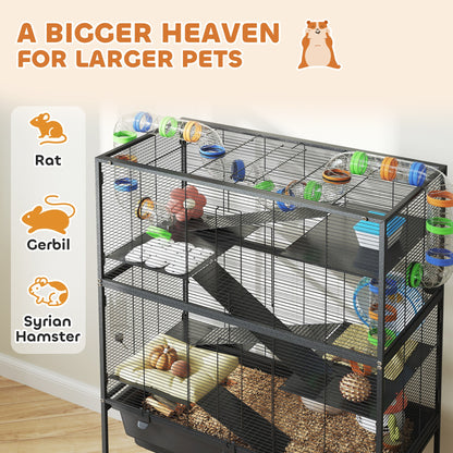 5 Tier Rolling Hamster Cage with 7" Deep Tray, Storage Shelf, Big Exercise Wheel, Tube System, for Syrian, Gerbil, Rat