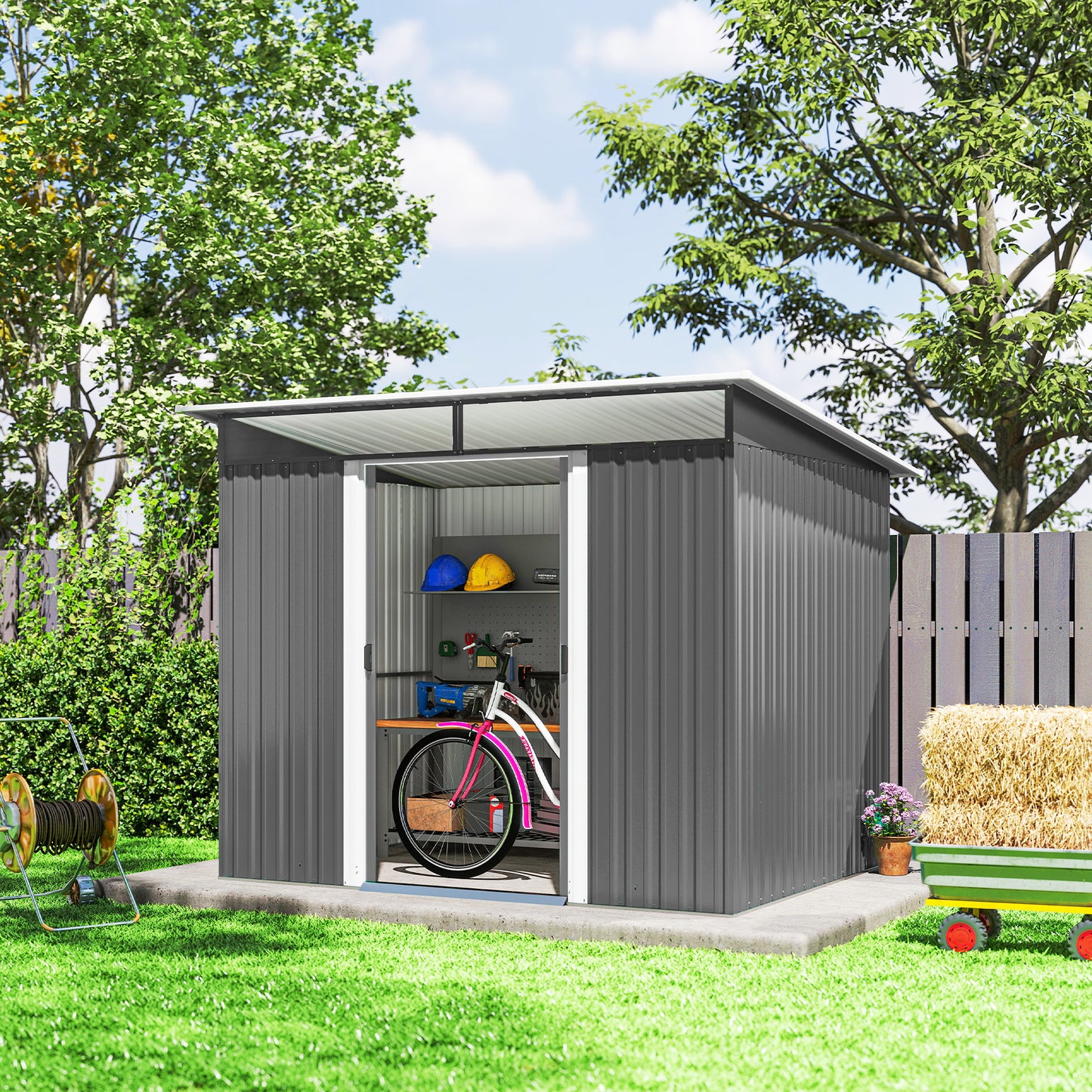 8.5' x 6' Small Gardening Shed Lockable Steel Utility Storage Outdoor Backyard Garden for Gardeners, Grey