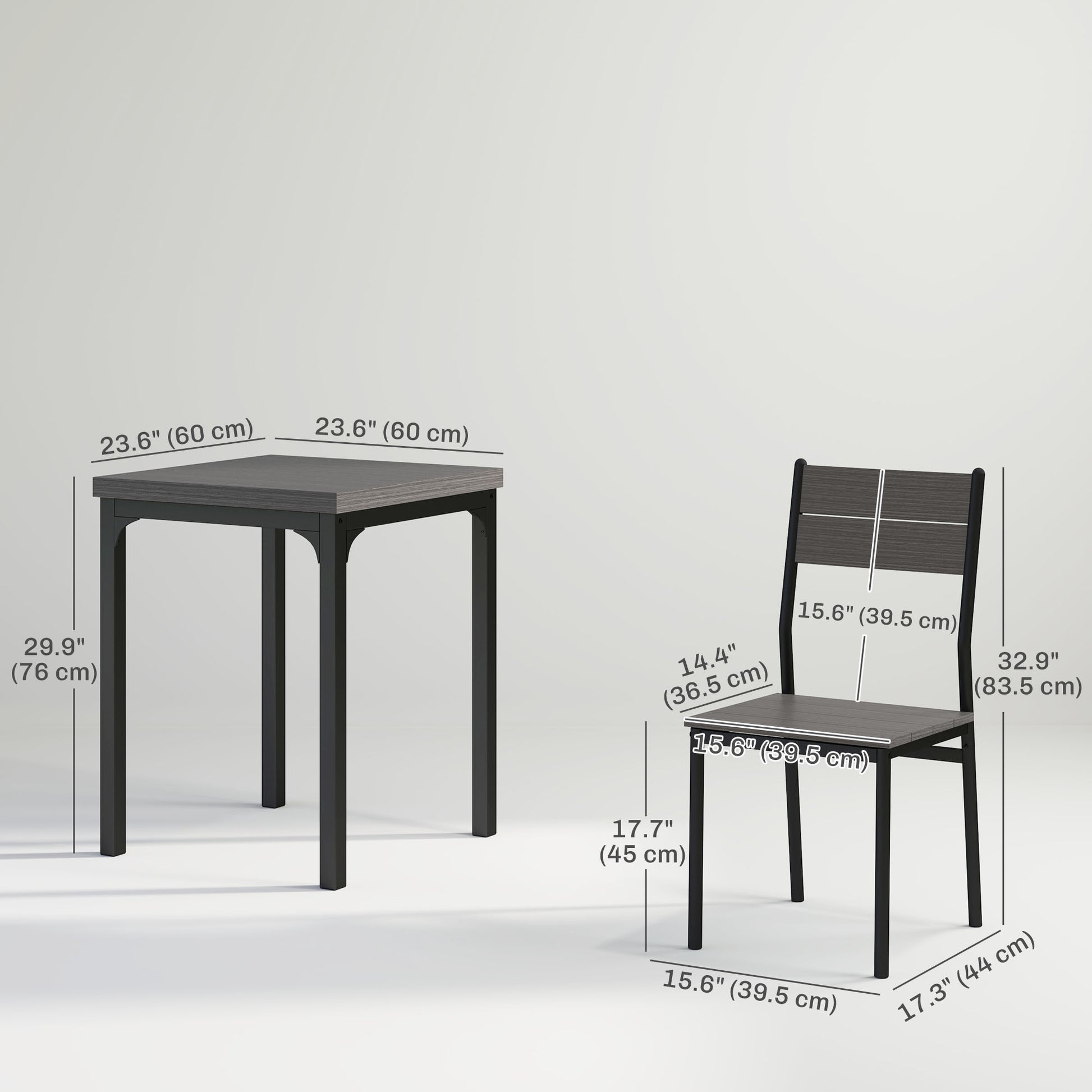 Dining Table Set for 2, 3 Piece Kitchen Table and Chairs with Metal Legs for Small Spaces, Grey Wood Effect