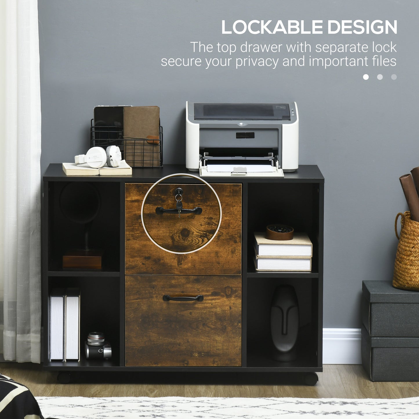 Lateral Filing Cabinet with Wheels and Lockable Drawer, File Cabinet, Mobile Printer Stand with Open Shelves for Letter 