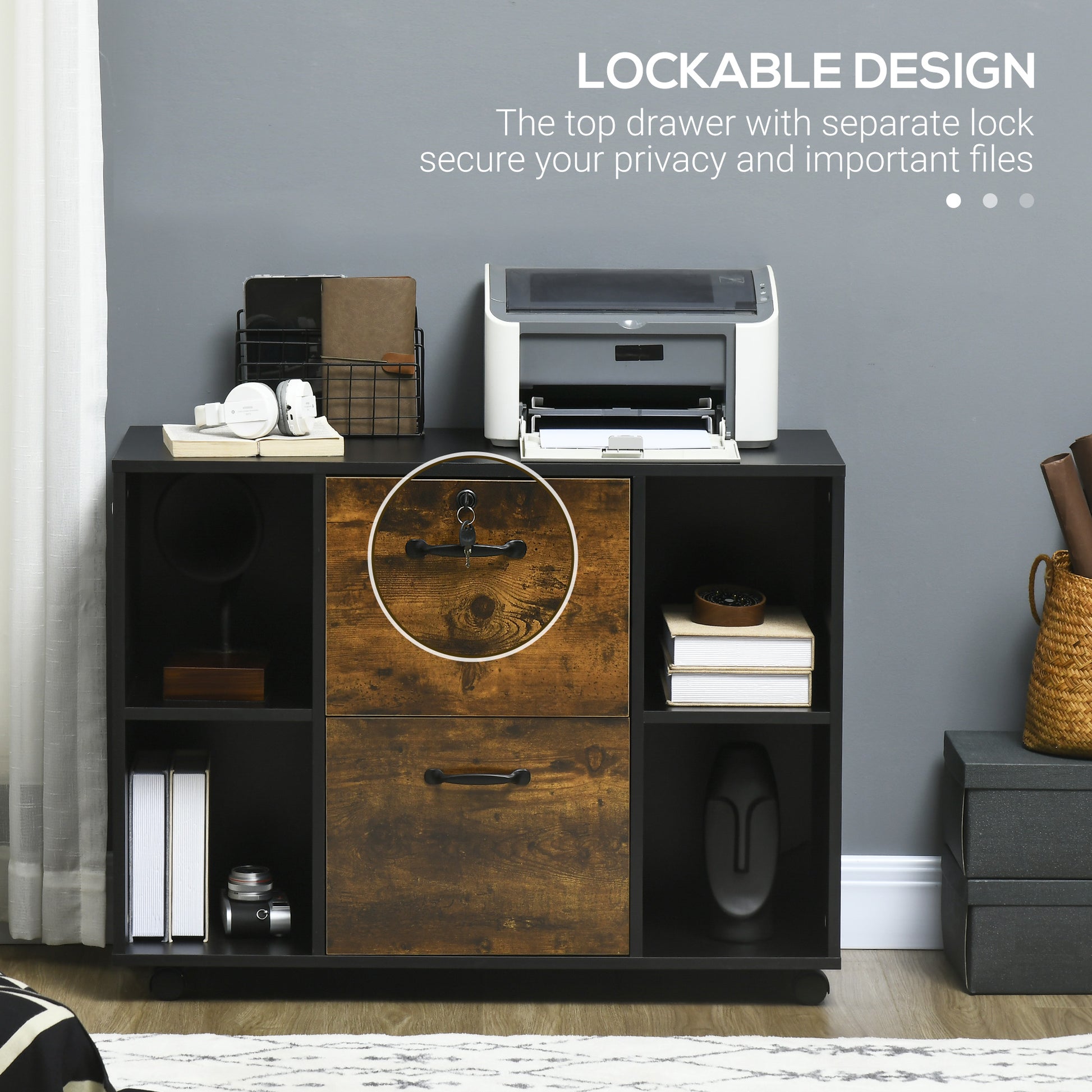 Lateral Filing Cabinet with Wheels and Lockable Drawer, File Cabinet, Mobile Printer Stand with Open Shelves for Letter 