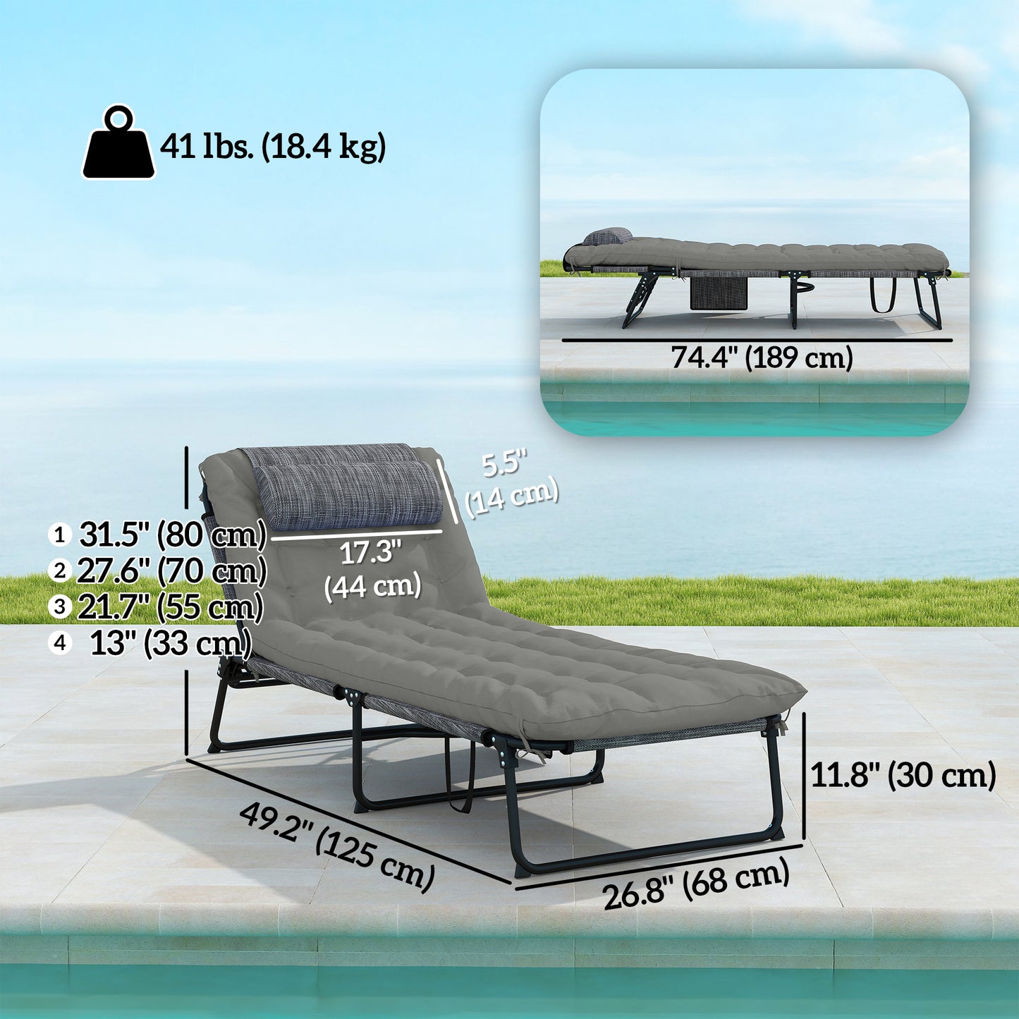 2-Piece Folding Lounge Chairs with Adjustable Backrest, Tanning Chair with Cushion, Side Pocket, Headrest, Grey