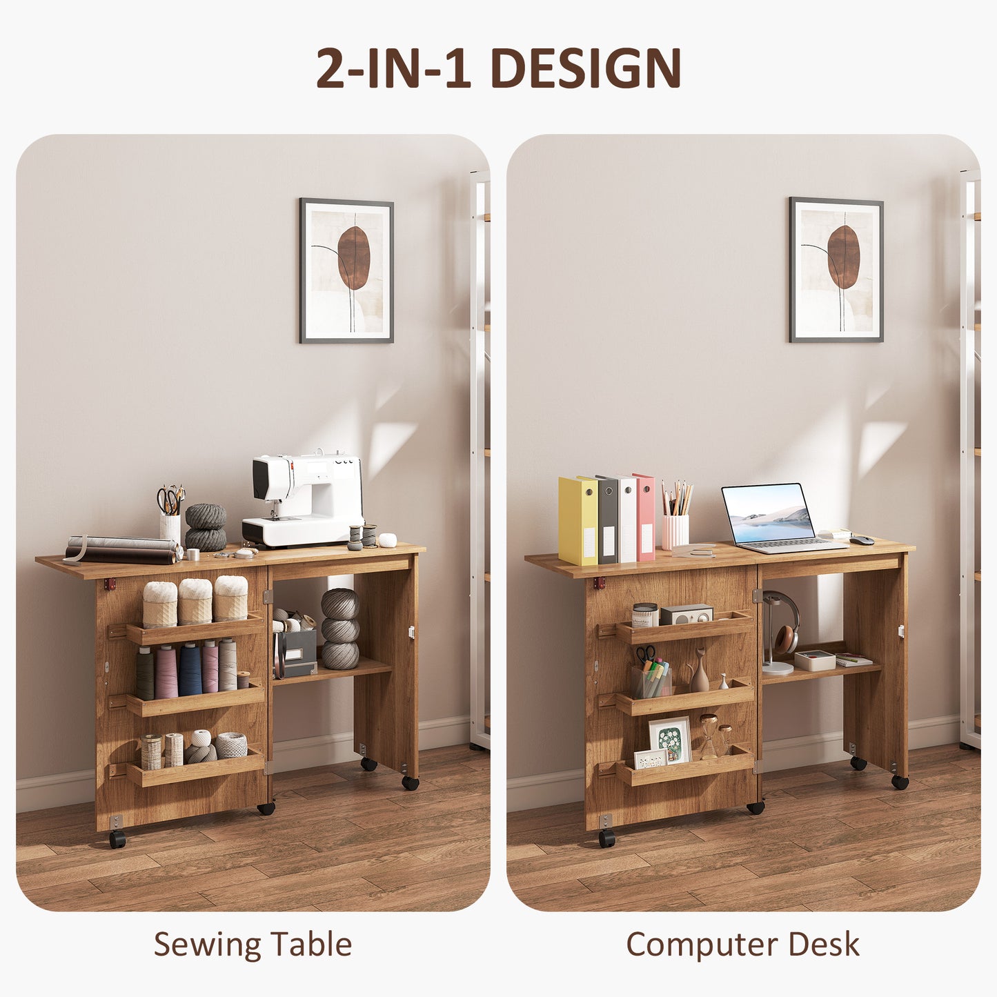 Sewing Machine Cabinet, Folding Sewing Table with Storage Shelf, Bins and Lockable Wheels for Small Space, Brown