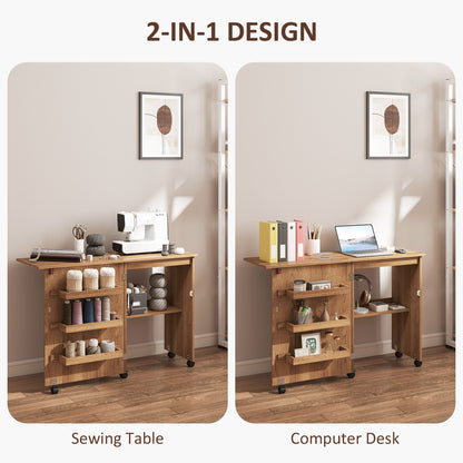 Sewing Machine Cabinet, Folding Sewing Table with Storage Shelf, Bins and Lockable Wheels for Small Space, Brown