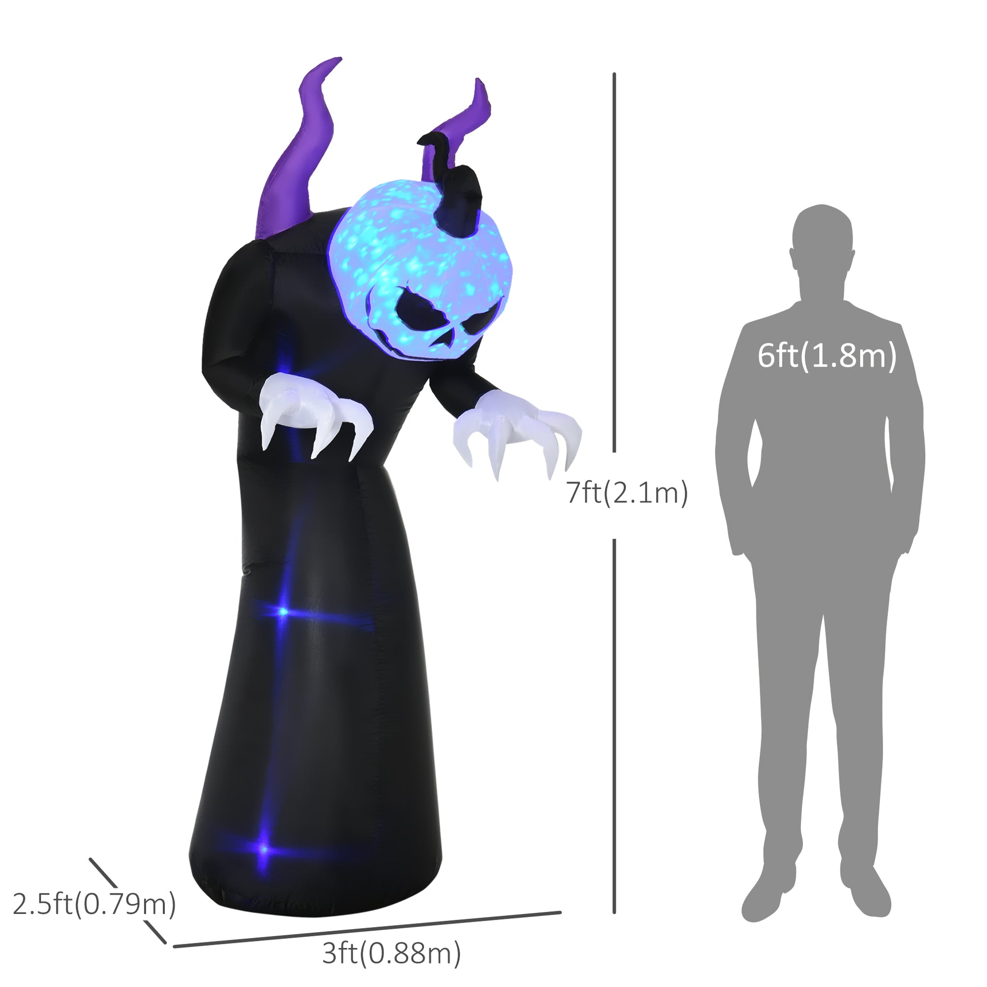 7ft Inflatable Halloween Ghost with Horns, Blow-Up Outdoor LED Yard Display with Flame Effect for Garden, Lawn, Yard, Pa