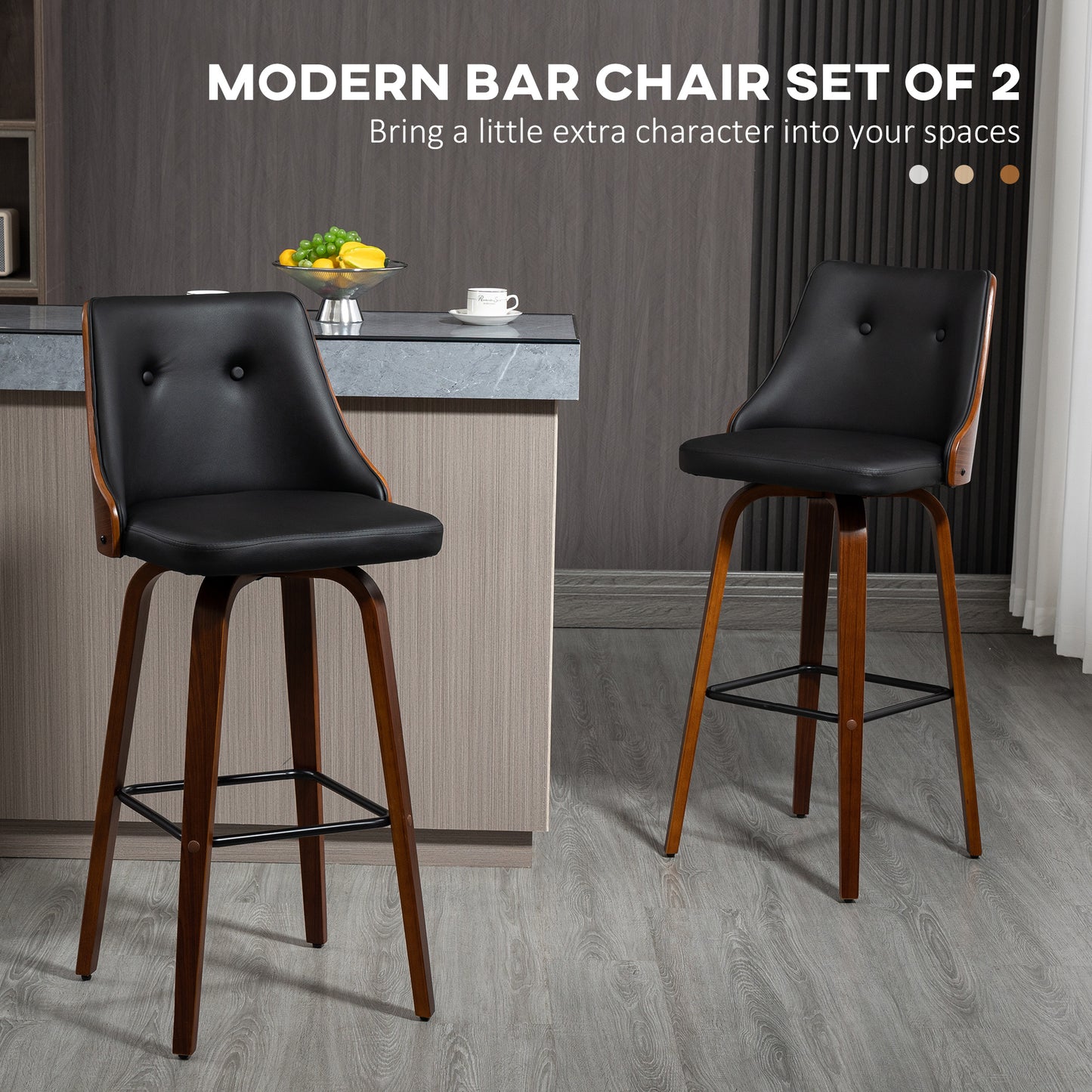 Bar Height Bar Stools Set of 2, PU Leather Upholstered Swivel Barstools with Solid Wood Legs Footrest and Tufted Back, B